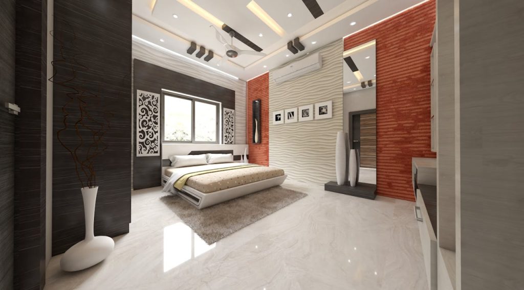 A chic and modern bedroom in Haldia, India with elegant decor and furniture.